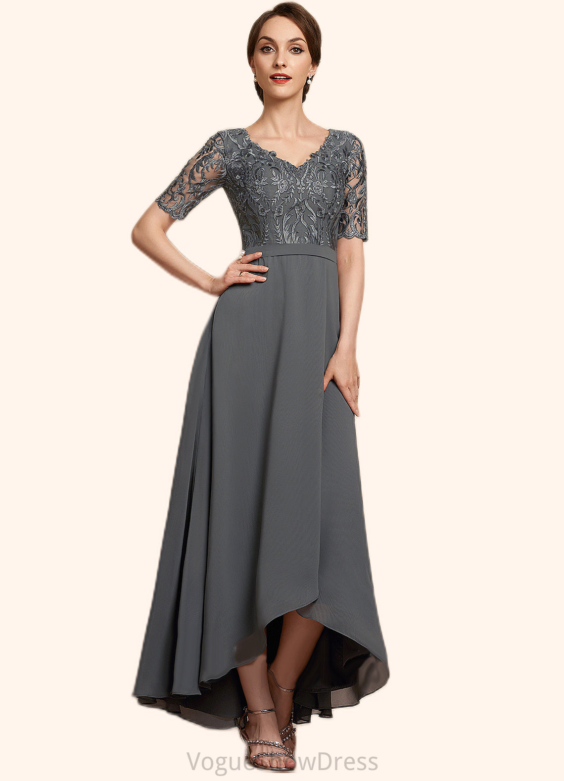 Naomi A-Line V-neck Asymmetrical Chiffon Lace Mother of the Bride Dress DL126P0014772