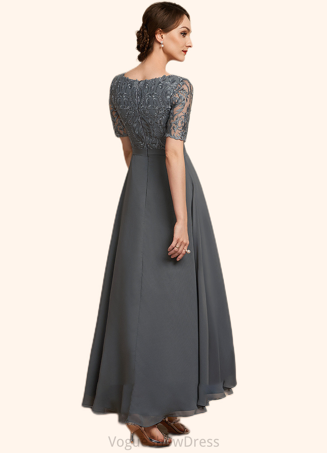 Naomi A-Line V-neck Asymmetrical Chiffon Lace Mother of the Bride Dress DL126P0014772