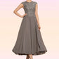 Elsa A-Line Scoop Neck Tea-Length Chiffon Lace Mother of the Bride Dress With Beading DL126P0014774