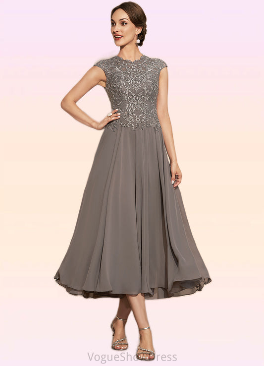 Elsa A-Line Scoop Neck Tea-Length Chiffon Lace Mother of the Bride Dress With Beading DL126P0014774