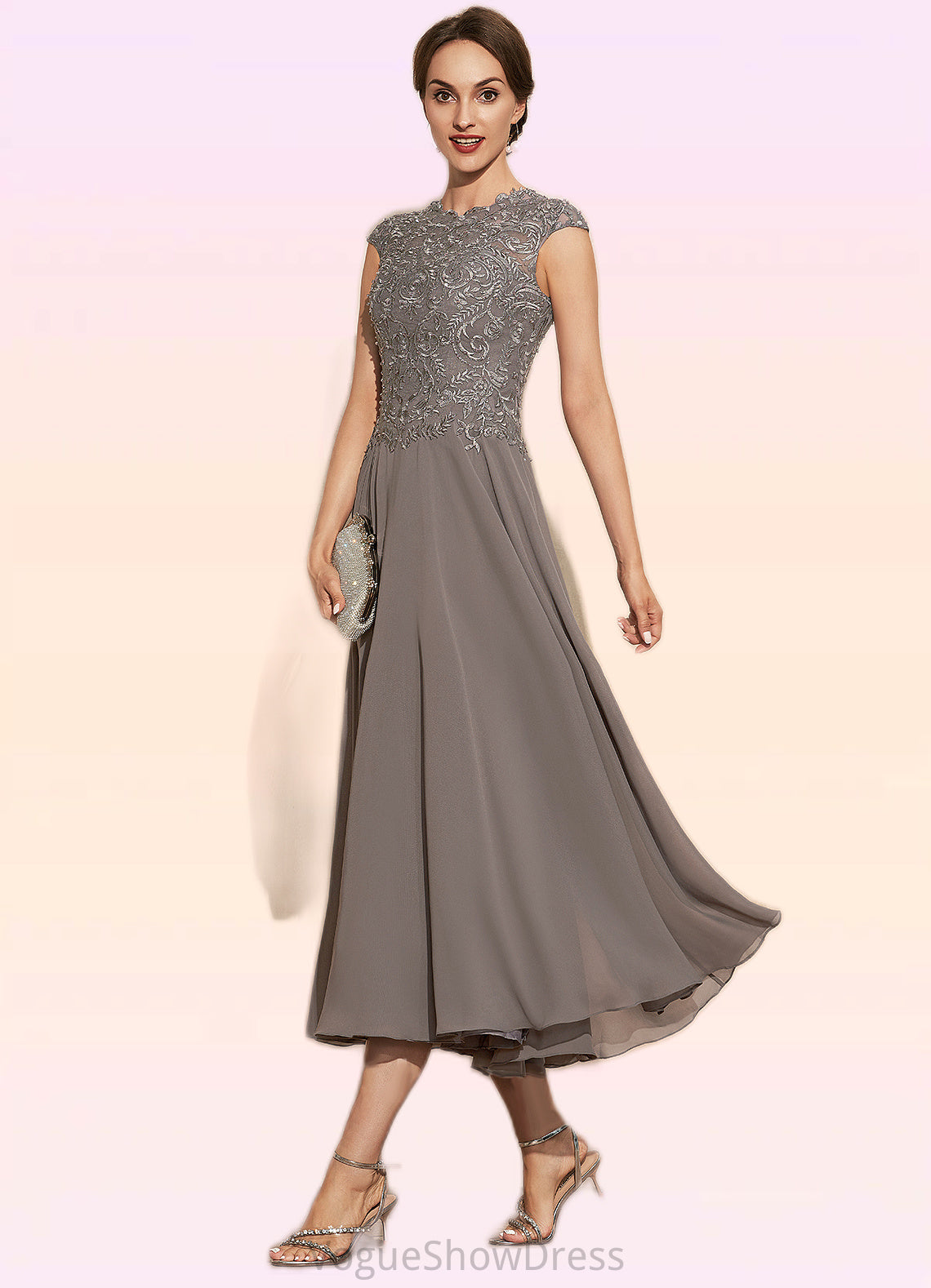 Elsa A-Line Scoop Neck Tea-Length Chiffon Lace Mother of the Bride Dress With Beading DL126P0014774