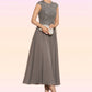 Elsa A-Line Scoop Neck Tea-Length Chiffon Lace Mother of the Bride Dress With Beading DL126P0014774