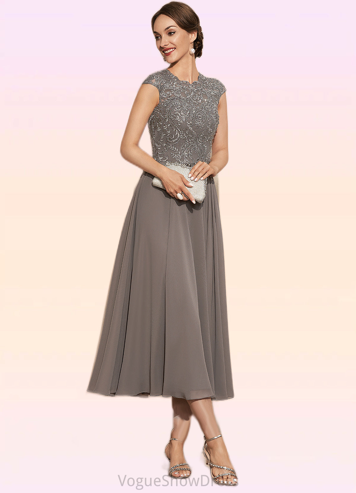 Elsa A-Line Scoop Neck Tea-Length Chiffon Lace Mother of the Bride Dress With Beading DL126P0014774