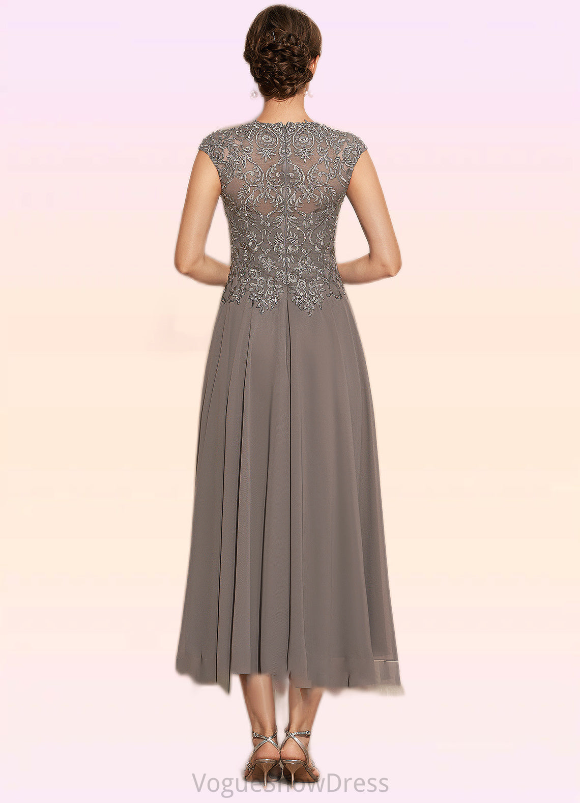 Elsa A-Line Scoop Neck Tea-Length Chiffon Lace Mother of the Bride Dress With Beading DL126P0014774