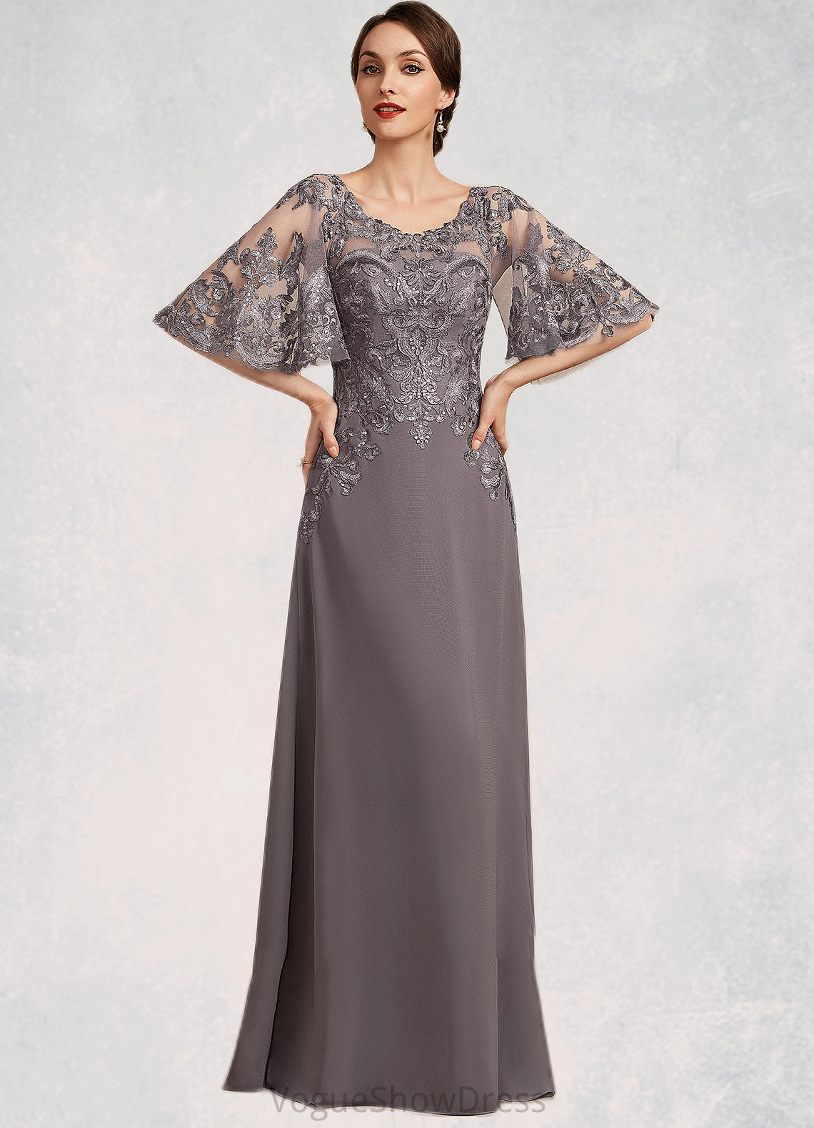 Sidney A-Line Scoop Neck Floor-Length Chiffon Lace Mother of the Bride Dress With Sequins DL126P0014776