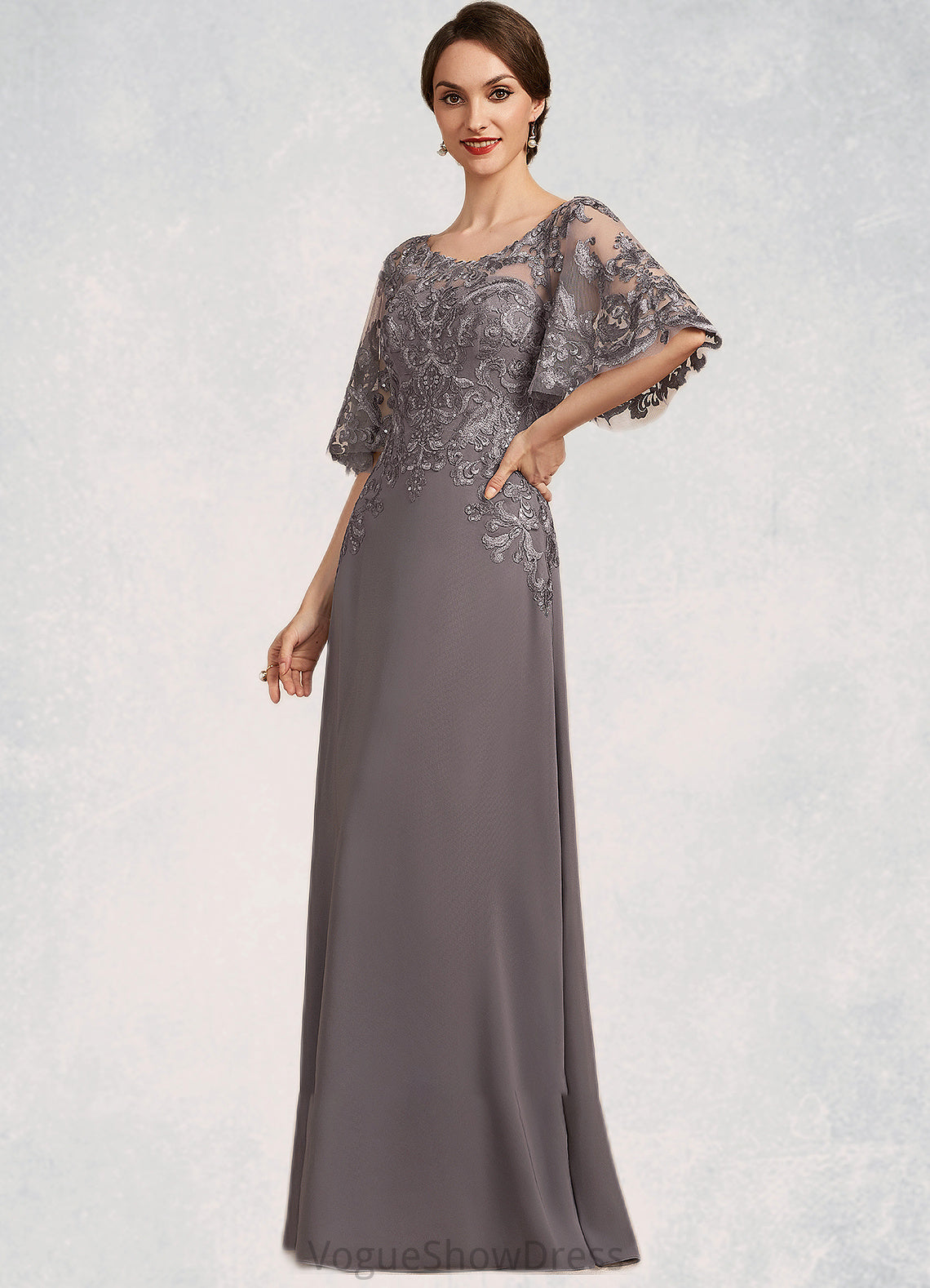 Sidney A-Line Scoop Neck Floor-Length Chiffon Lace Mother of the Bride Dress With Sequins DL126P0014776