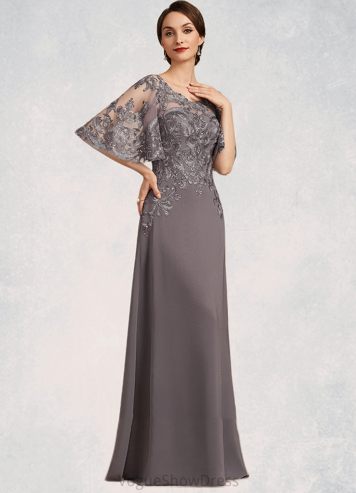 Sidney A-Line Scoop Neck Floor-Length Chiffon Lace Mother of the Bride Dress With Sequins DL126P0014776