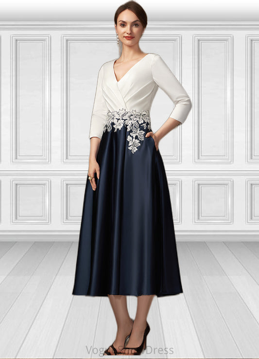 Kendra A-Line V-neck Tea-Length Satin Mother of the Bride Dress With Ruffle Appliques Lace Pockets DL126P0014778