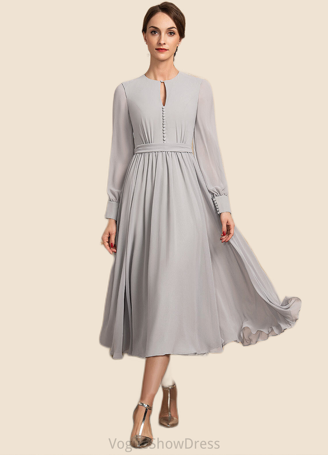 Crystal A-Line Scoop Neck Tea-Length Chiffon Mother of the Bride Dress With Bow(s) DL126P0014779