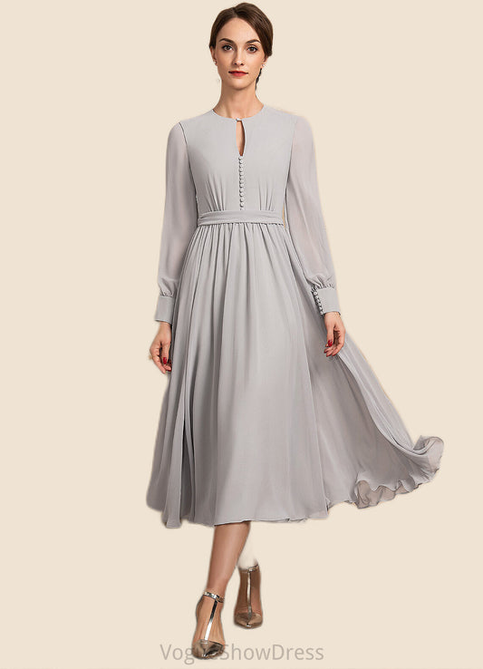 Crystal A-Line Scoop Neck Tea-Length Chiffon Mother of the Bride Dress With Bow(s) DL126P0014779