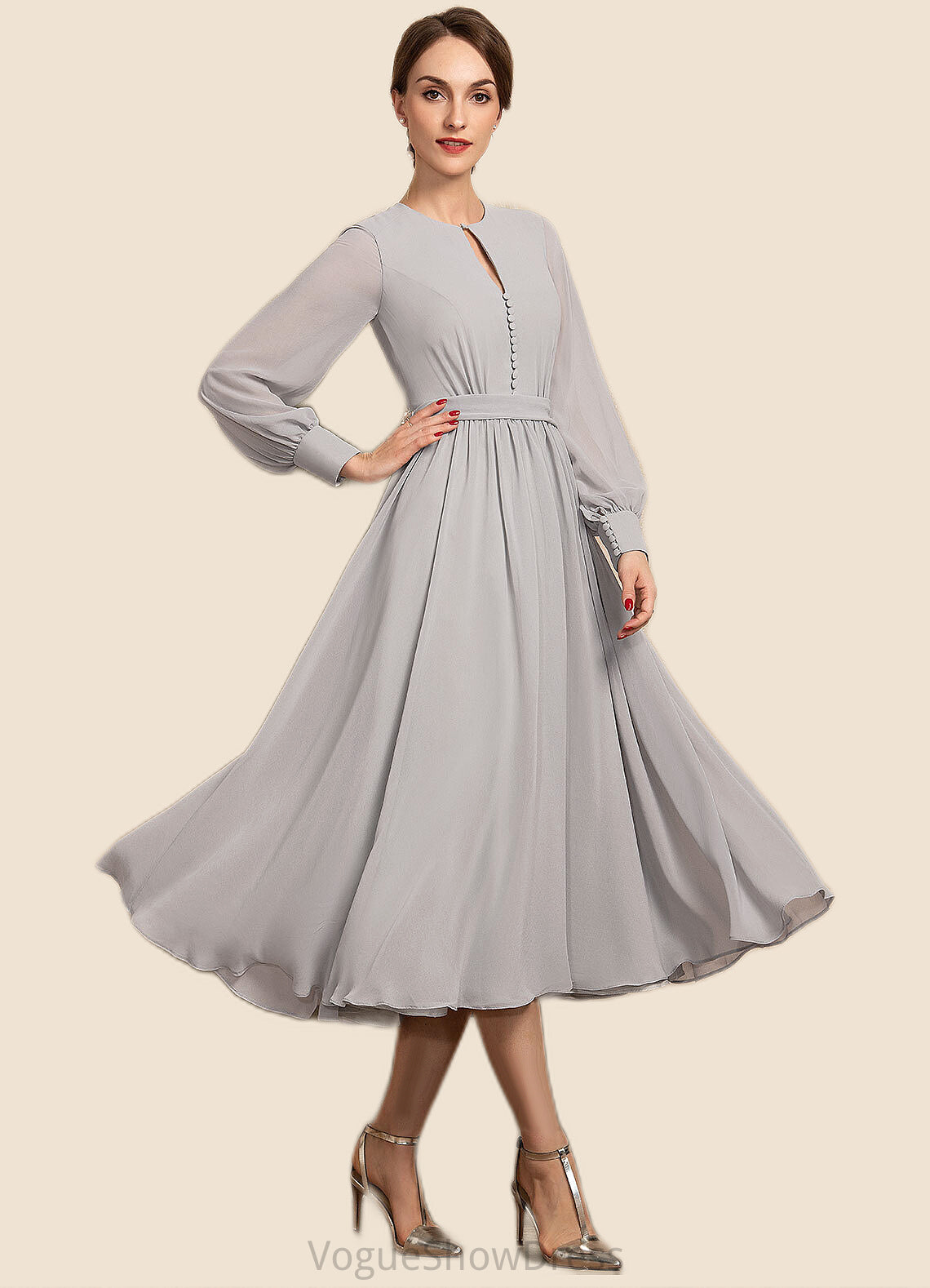 Crystal A-Line Scoop Neck Tea-Length Chiffon Mother of the Bride Dress With Bow(s) DL126P0014779