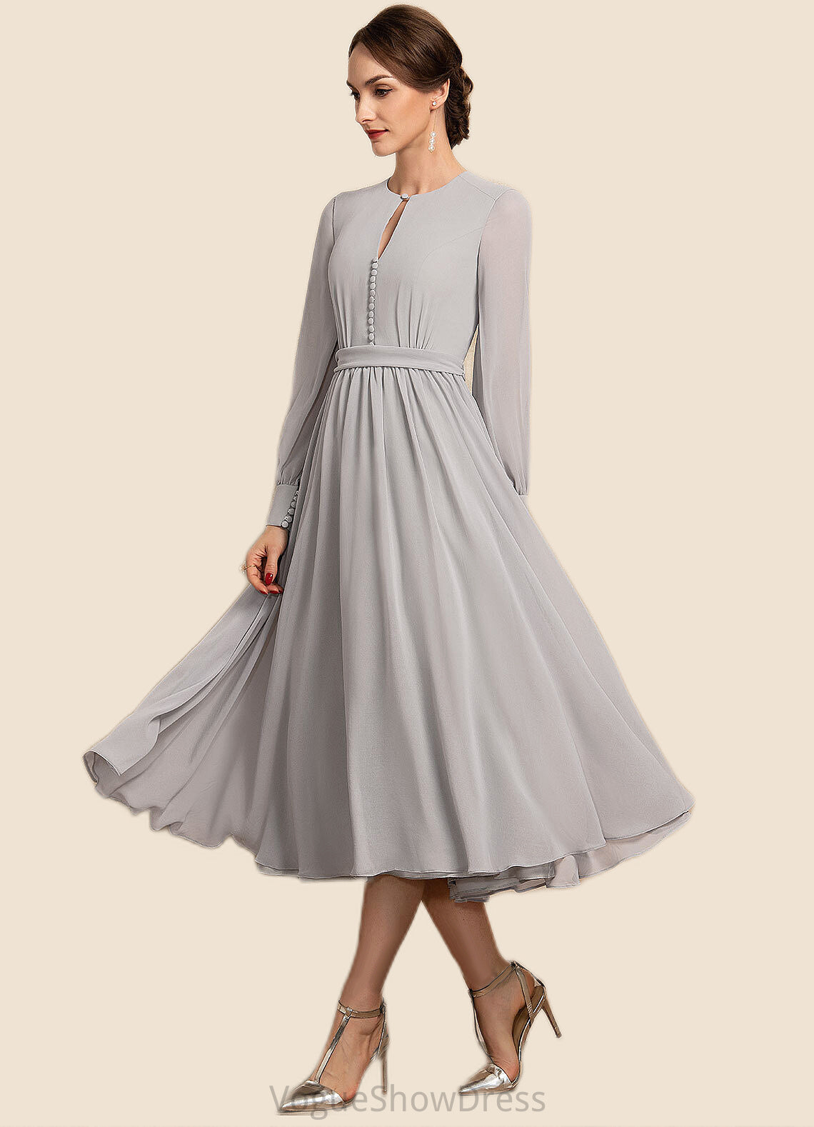 Crystal A-Line Scoop Neck Tea-Length Chiffon Mother of the Bride Dress With Bow(s) DL126P0014779