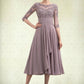 Delilah A-Line Scoop Neck Tea-Length Chiffon Lace Mother of the Bride Dress With Cascading Ruffles DL126P0014780