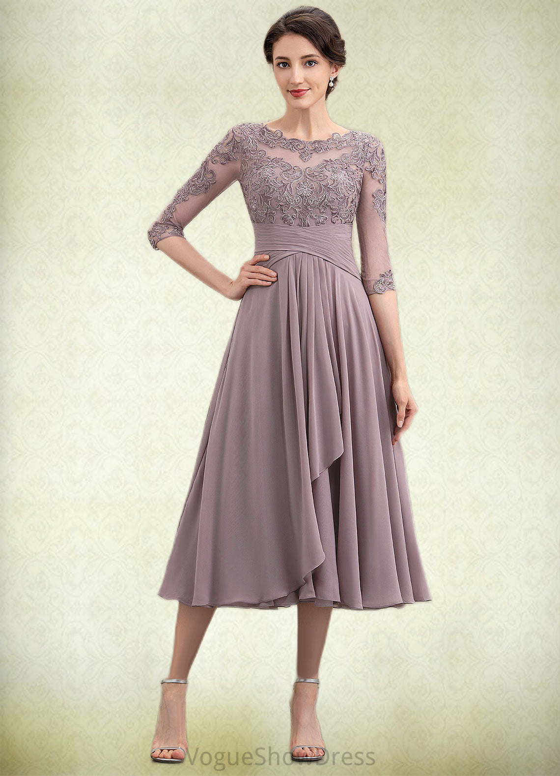 Delilah A-Line Scoop Neck Tea-Length Chiffon Lace Mother of the Bride Dress With Cascading Ruffles DL126P0014780