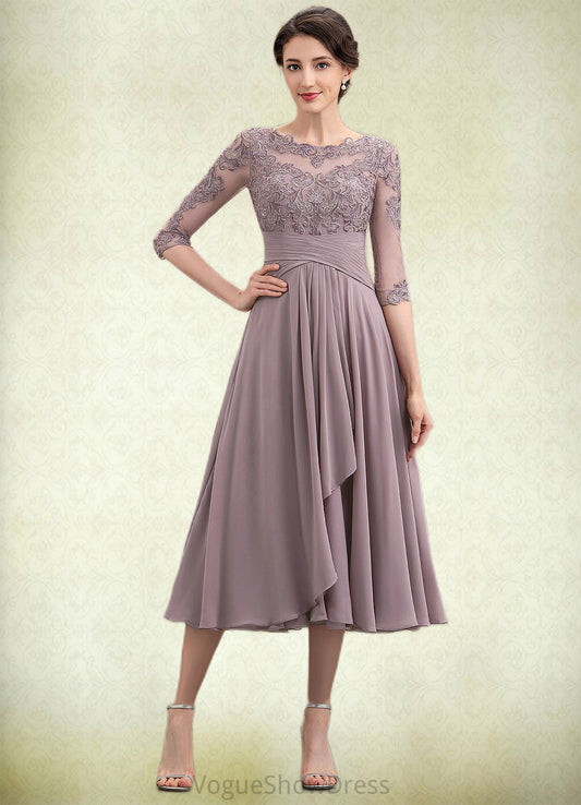 Delilah A-Line Scoop Neck Tea-Length Chiffon Lace Mother of the Bride Dress With Cascading Ruffles DL126P0014780