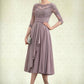 Delilah A-Line Scoop Neck Tea-Length Chiffon Lace Mother of the Bride Dress With Cascading Ruffles DL126P0014780