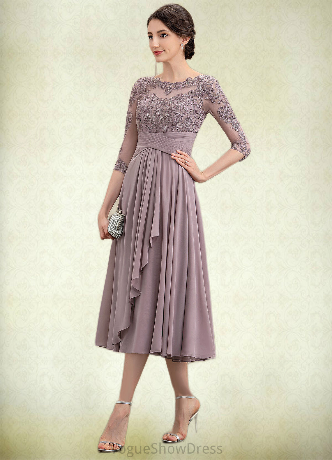 Delilah A-Line Scoop Neck Tea-Length Chiffon Lace Mother of the Bride Dress With Cascading Ruffles DL126P0014780