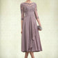 Delilah A-Line Scoop Neck Tea-Length Chiffon Lace Mother of the Bride Dress With Cascading Ruffles DL126P0014780