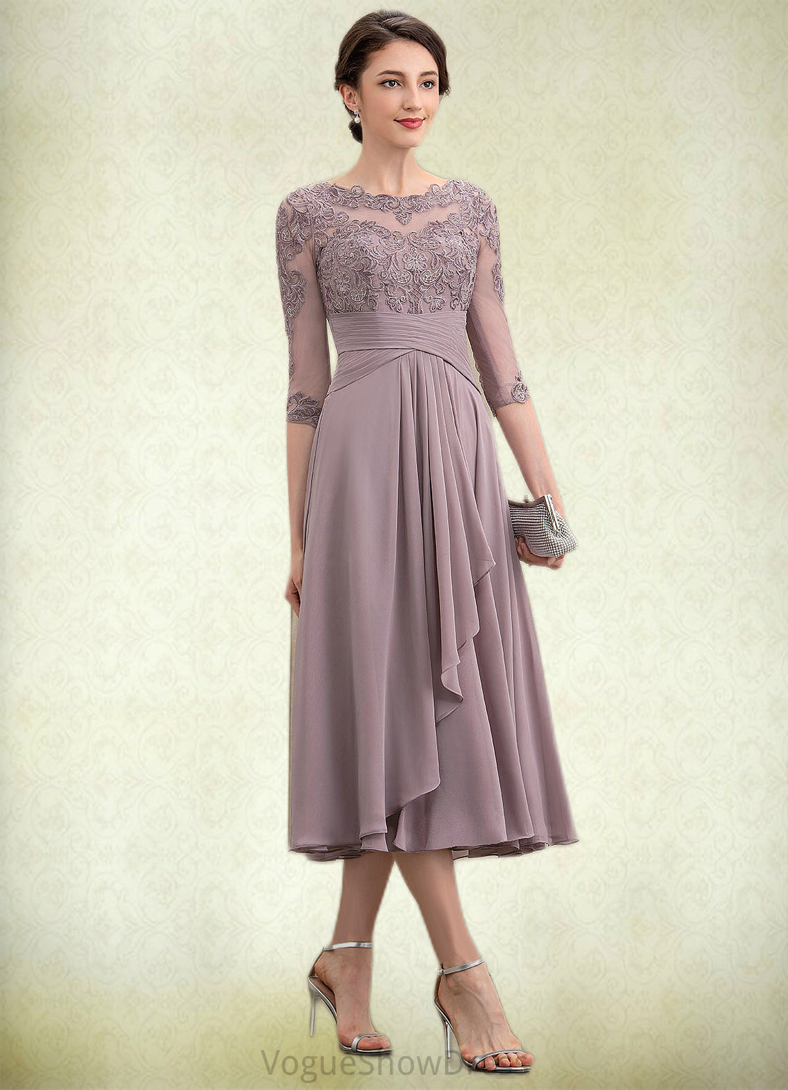 Delilah A-Line Scoop Neck Tea-Length Chiffon Lace Mother of the Bride Dress With Cascading Ruffles DL126P0014780