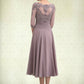 Delilah A-Line Scoop Neck Tea-Length Chiffon Lace Mother of the Bride Dress With Cascading Ruffles DL126P0014780