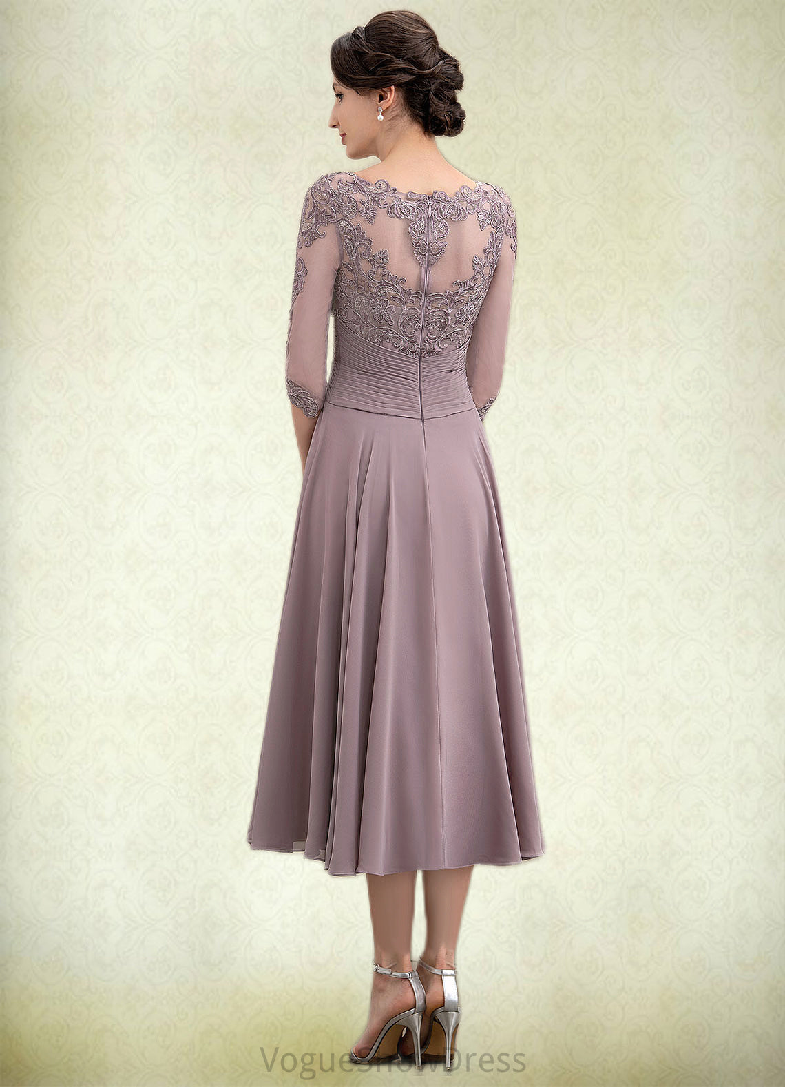 Delilah A-Line Scoop Neck Tea-Length Chiffon Lace Mother of the Bride Dress With Cascading Ruffles DL126P0014780