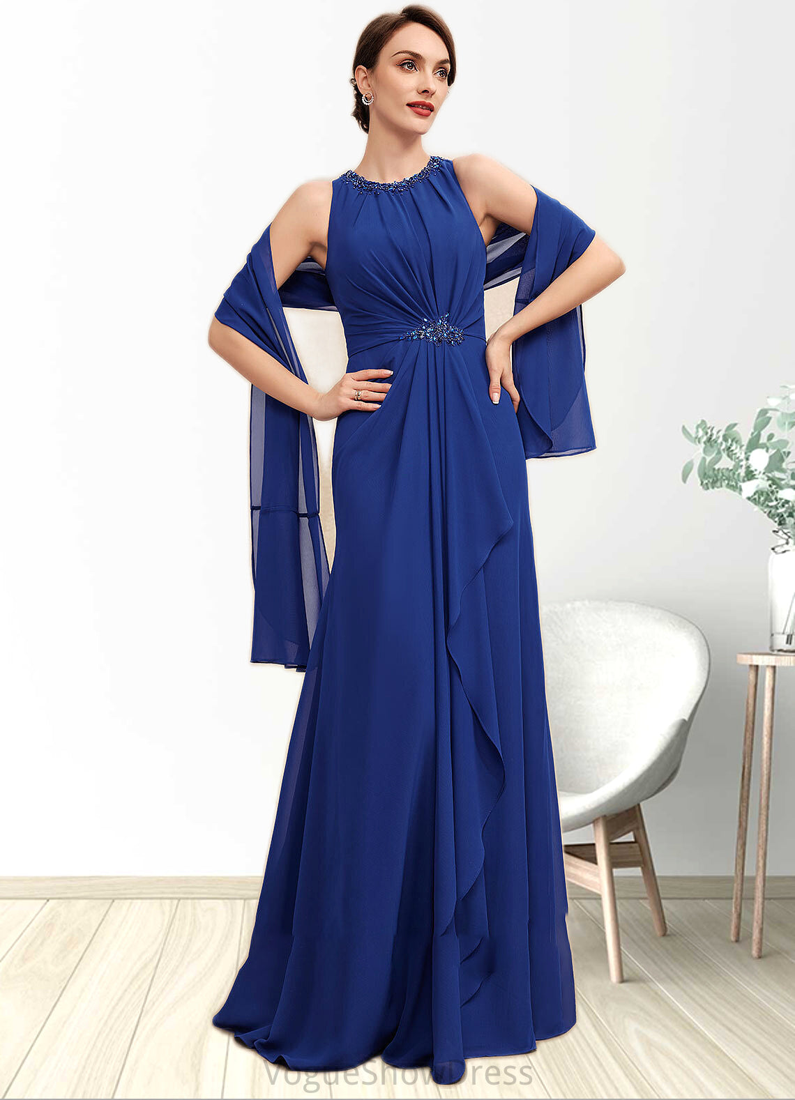 Peyton A-Line Scoop Neck Floor-Length Chiffon Mother of the Bride Dress With Beading Cascading Ruffles DL126P0014781