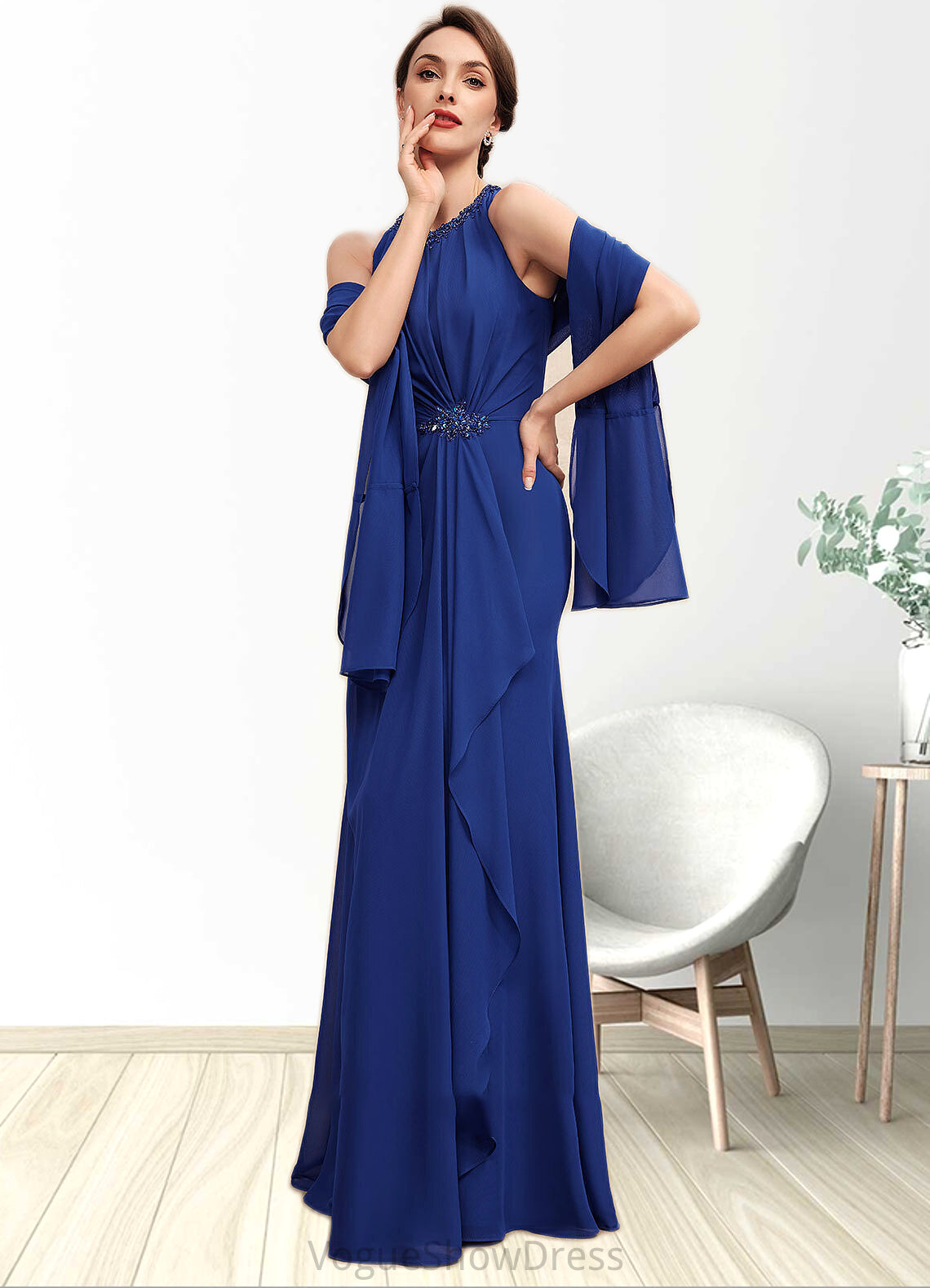 Peyton A-Line Scoop Neck Floor-Length Chiffon Mother of the Bride Dress With Beading Cascading Ruffles DL126P0014781