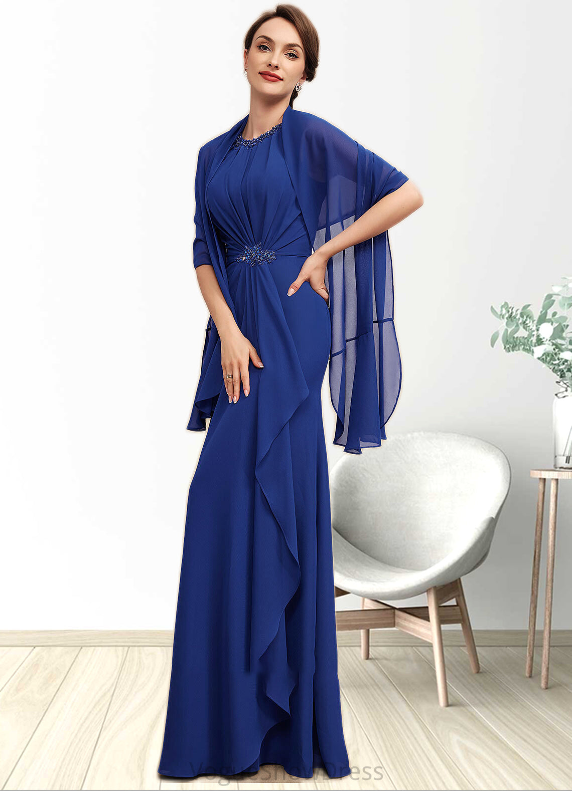 Peyton A-Line Scoop Neck Floor-Length Chiffon Mother of the Bride Dress With Beading Cascading Ruffles DL126P0014781