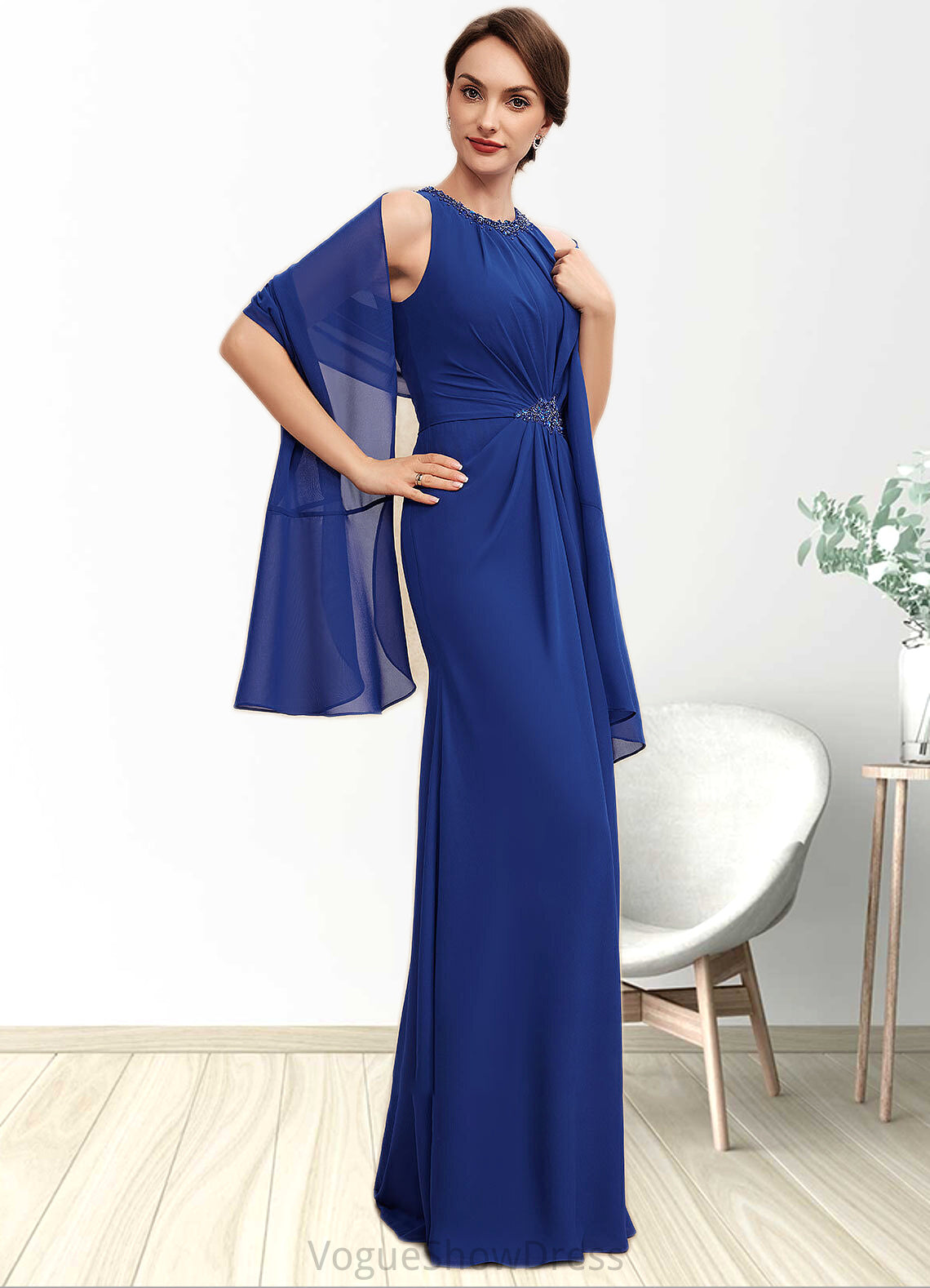 Peyton A-Line Scoop Neck Floor-Length Chiffon Mother of the Bride Dress With Beading Cascading Ruffles DL126P0014781