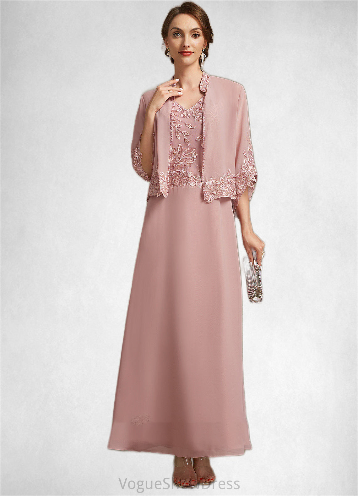 Luna A-Line V-neck Ankle-Length Chiffon Lace Mother of the Bride Dress With Beading Sequins DL126P0014784