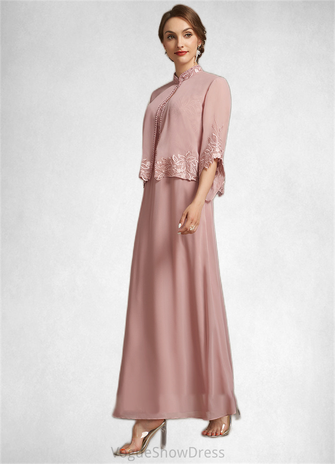 Luna A-Line V-neck Ankle-Length Chiffon Lace Mother of the Bride Dress With Beading Sequins DL126P0014784