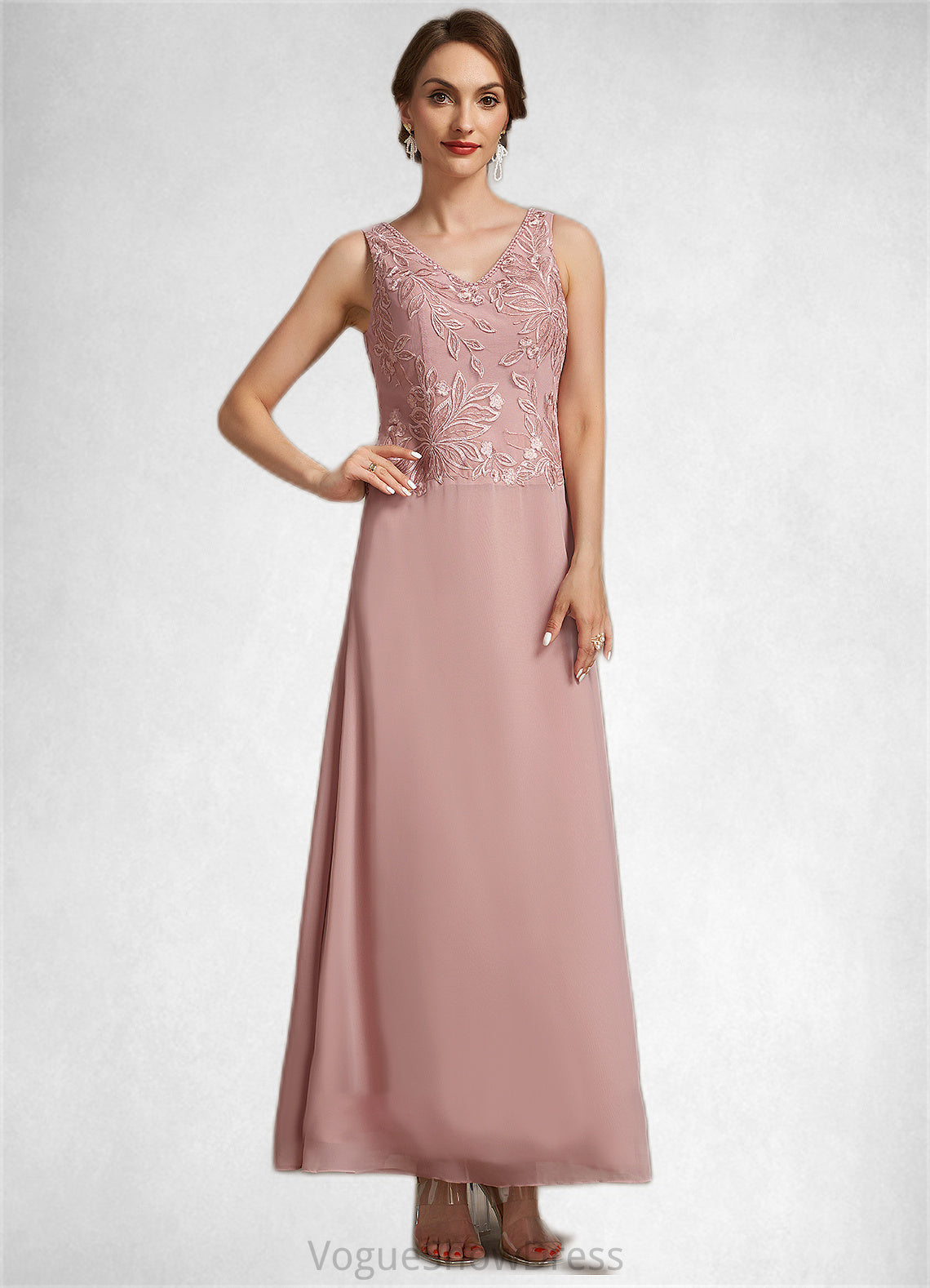 Luna A-Line V-neck Ankle-Length Chiffon Lace Mother of the Bride Dress With Beading Sequins DL126P0014784