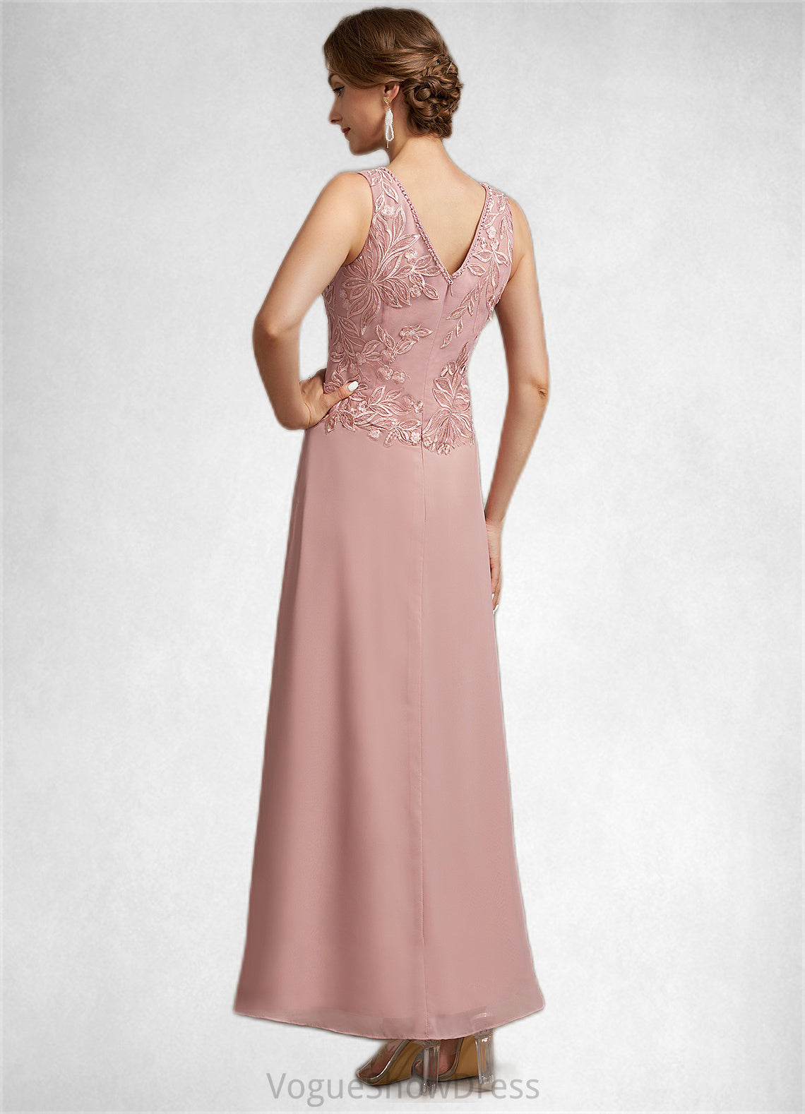 Luna A-Line V-neck Ankle-Length Chiffon Lace Mother of the Bride Dress With Beading Sequins DL126P0014784