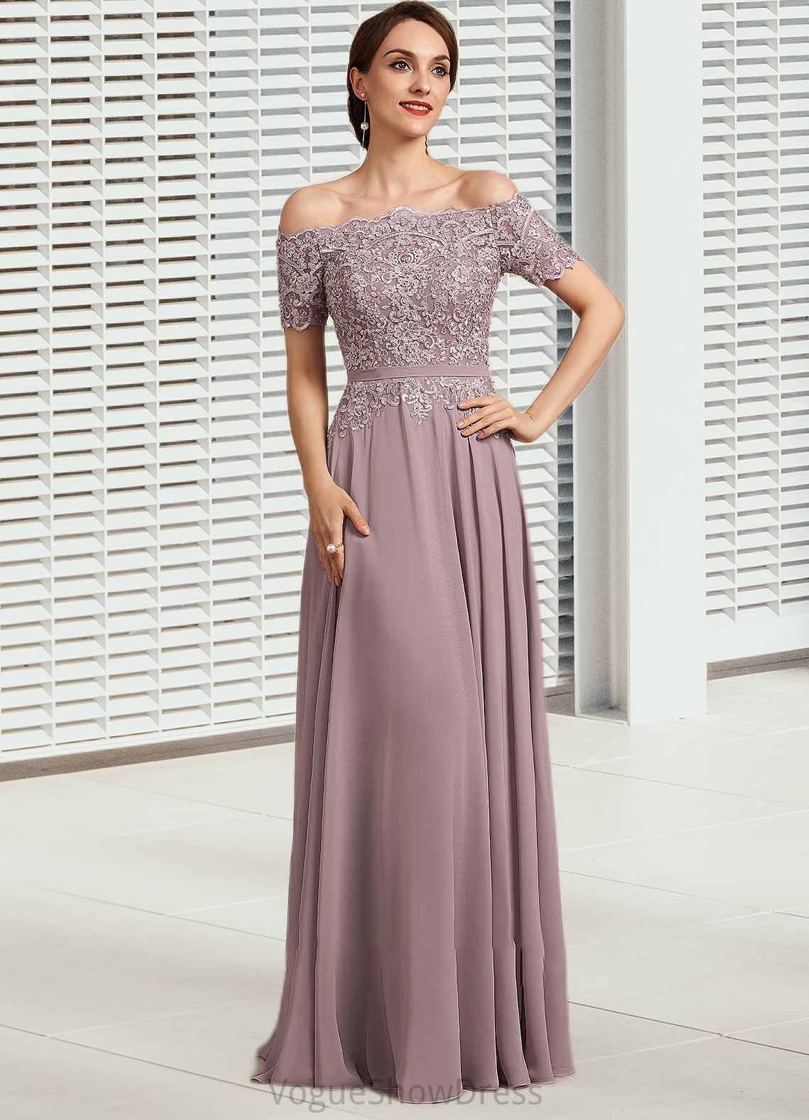 Aiyana A-Line Off-the-Shoulder Floor-Length Chiffon Lace Mother of the Bride Dress With Beading Sequins DL126P0014785