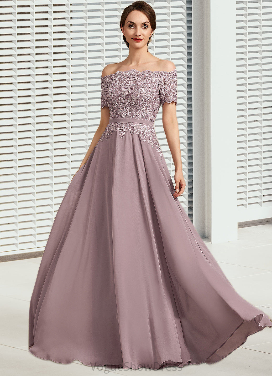 Aiyana A-Line Off-the-Shoulder Floor-Length Chiffon Lace Mother of the Bride Dress With Beading Sequins DL126P0014785