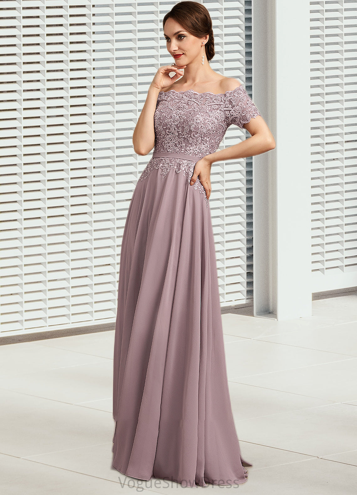 Aiyana A-Line Off-the-Shoulder Floor-Length Chiffon Lace Mother of the Bride Dress With Beading Sequins DL126P0014785