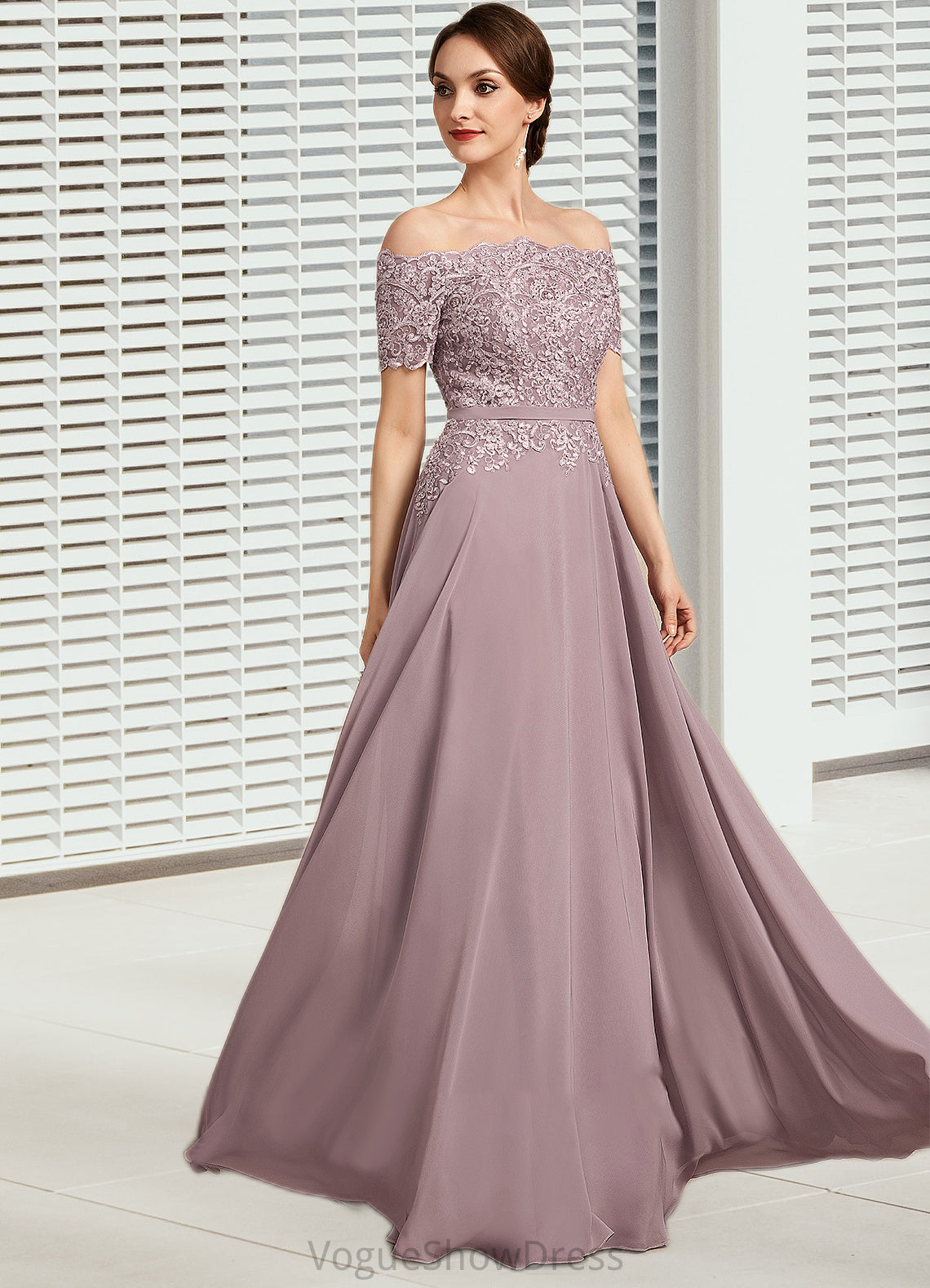 Aiyana A-Line Off-the-Shoulder Floor-Length Chiffon Lace Mother of the Bride Dress With Beading Sequins DL126P0014785