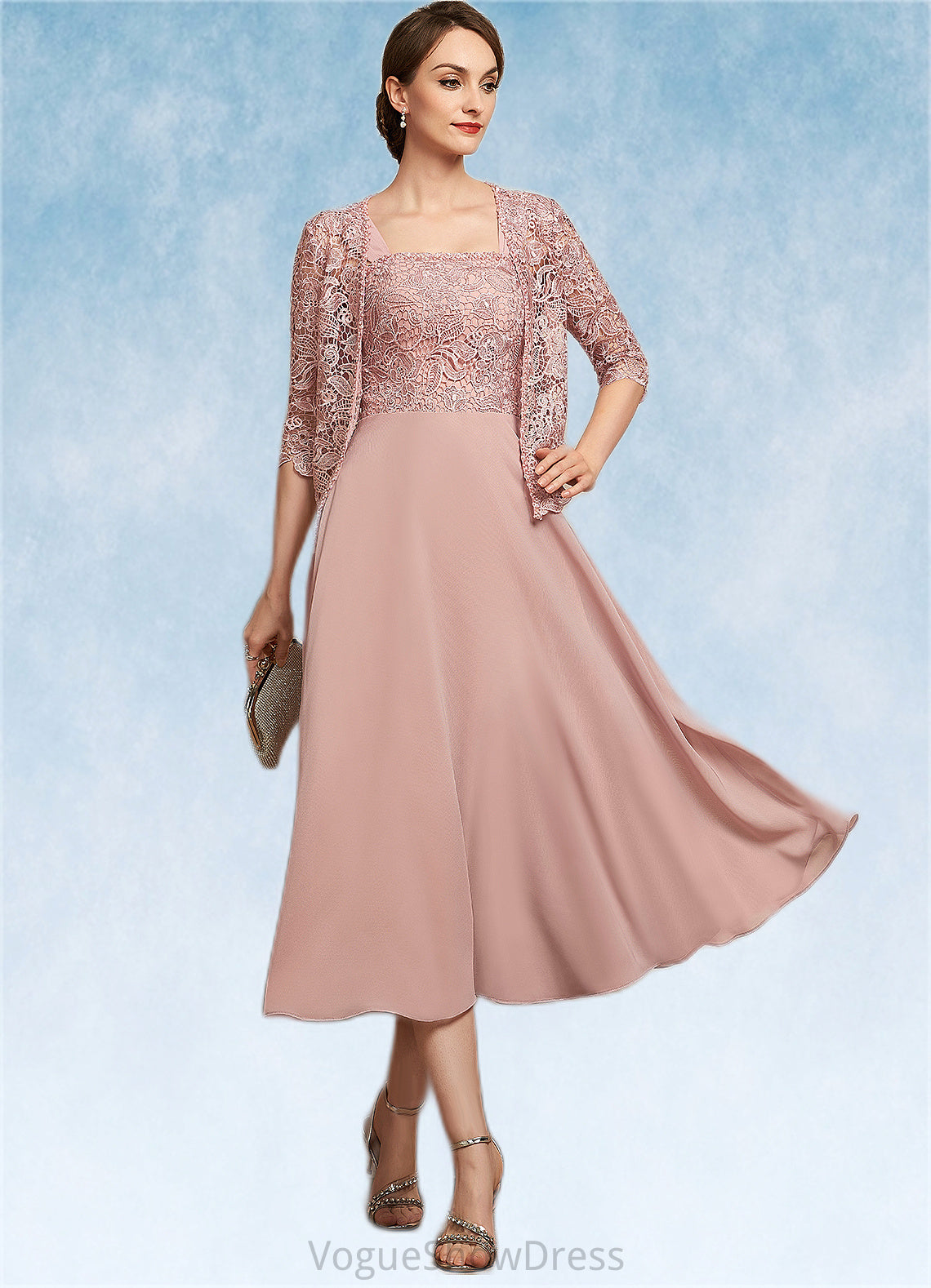 Gillian A-Line Square Neckline Tea-Length Chiffon Lace Mother of the Bride Dress With Beading Sequins DL126P0014789