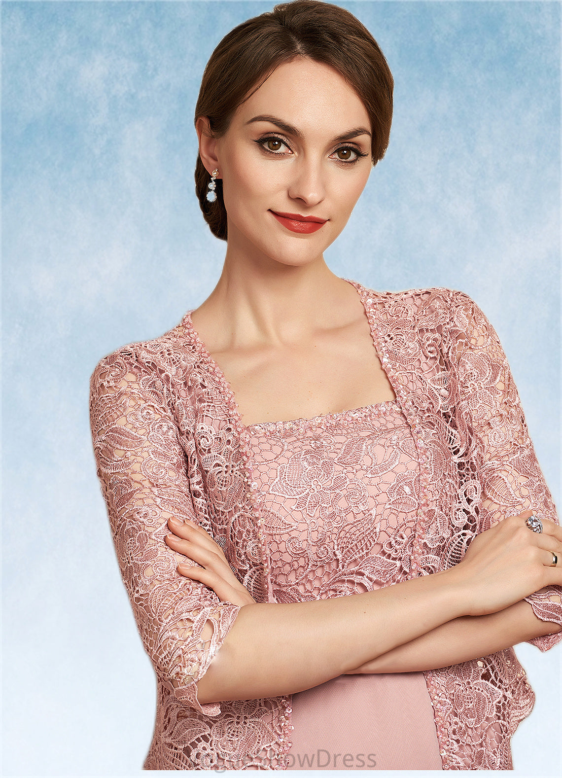 Gillian A-Line Square Neckline Tea-Length Chiffon Lace Mother of the Bride Dress With Beading Sequins DL126P0014789