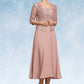 Gillian A-Line Square Neckline Tea-Length Chiffon Lace Mother of the Bride Dress With Beading Sequins DL126P0014789