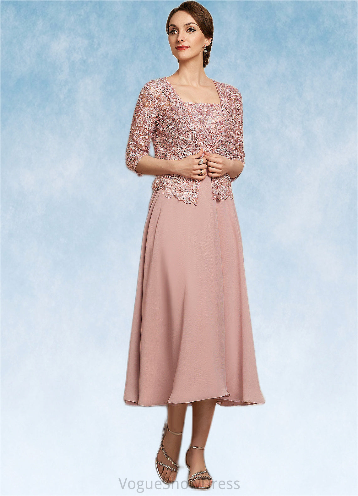 Gillian A-Line Square Neckline Tea-Length Chiffon Lace Mother of the Bride Dress With Beading Sequins DL126P0014789