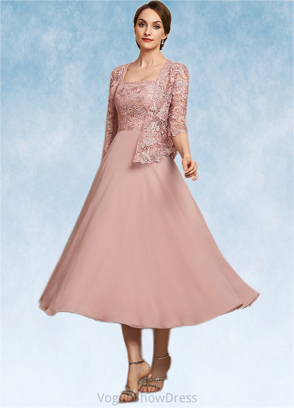 Gillian A-Line Square Neckline Tea-Length Chiffon Lace Mother of the Bride Dress With Beading Sequins DL126P0014789