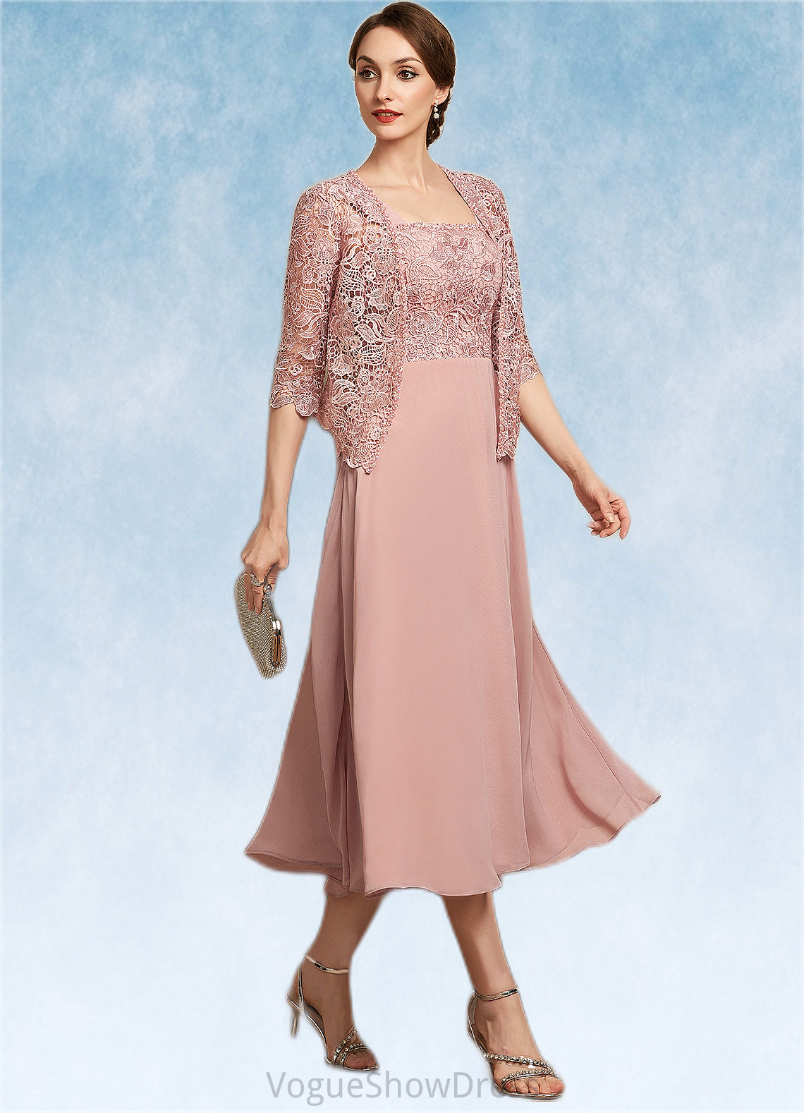 Gillian A-Line Square Neckline Tea-Length Chiffon Lace Mother of the Bride Dress With Beading Sequins DL126P0014789