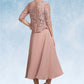 Gillian A-Line Square Neckline Tea-Length Chiffon Lace Mother of the Bride Dress With Beading Sequins DL126P0014789