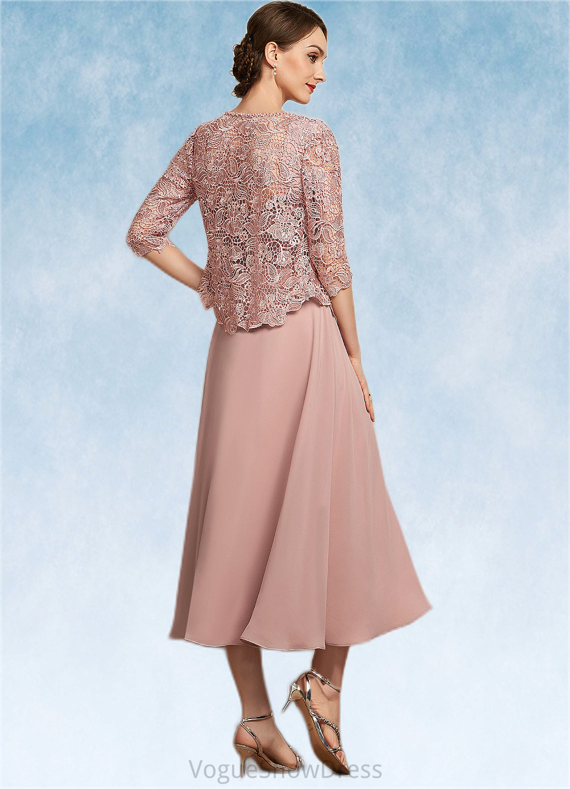 Gillian A-Line Square Neckline Tea-Length Chiffon Lace Mother of the Bride Dress With Beading Sequins DL126P0014789