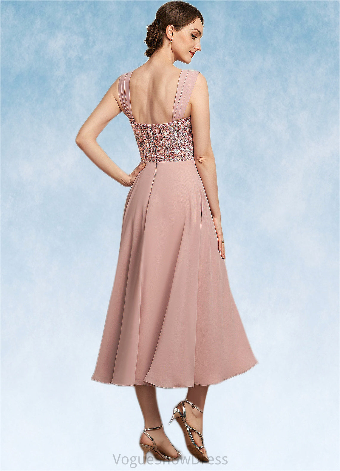 Gillian A-Line Square Neckline Tea-Length Chiffon Lace Mother of the Bride Dress With Beading Sequins DL126P0014789