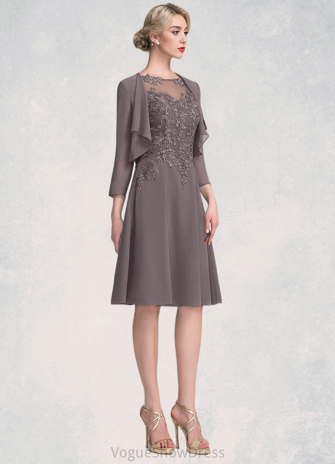 Madelyn A-Line Scoop Neck Knee-Length Chiffon Lace Mother of the Bride Dress DL126P0014790