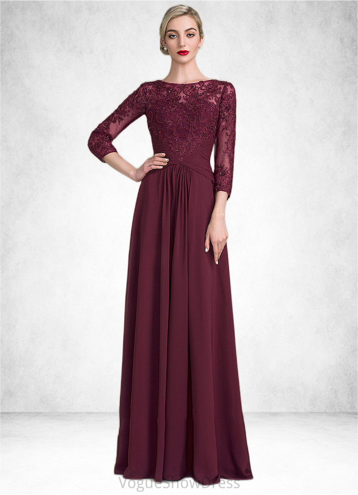 Cora A-Line Scoop Neck Floor-Length Chiffon Lace Mother of the Bride Dress With Ruffle Beading Sequins DL126P0014792