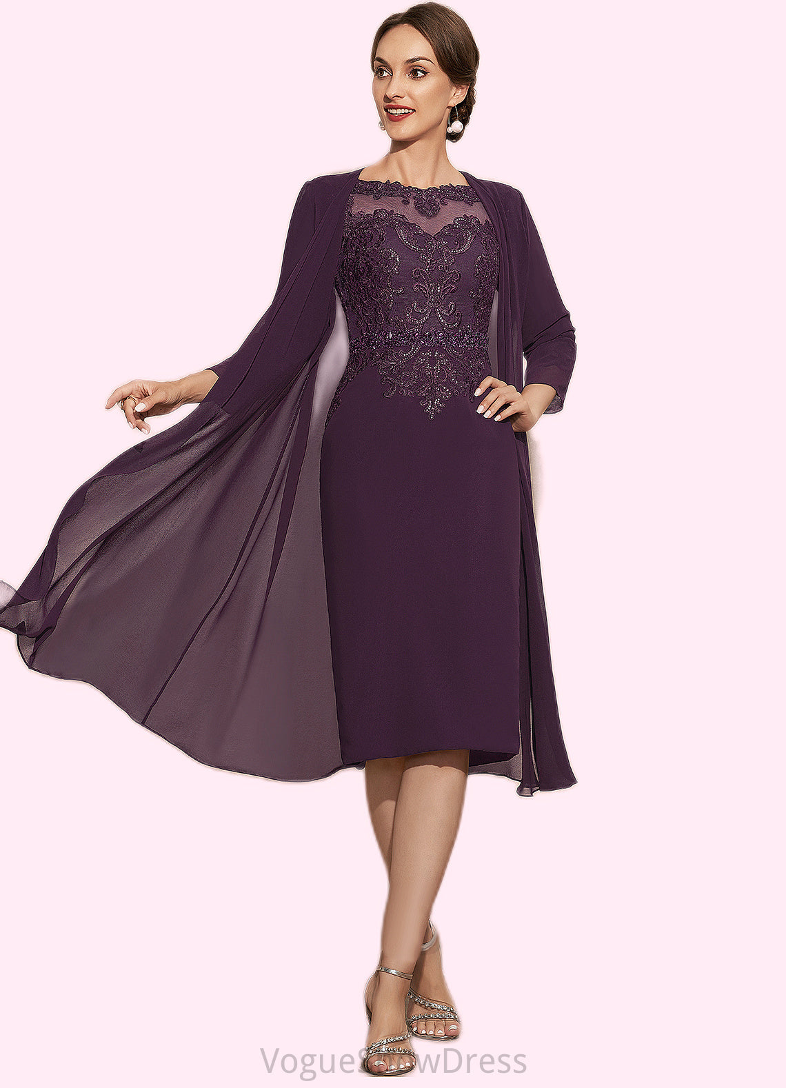 Lia Sheath/Column Scoop Neck Knee-Length Chiffon Lace Mother of the Bride Dress With Beading DL126P0014794