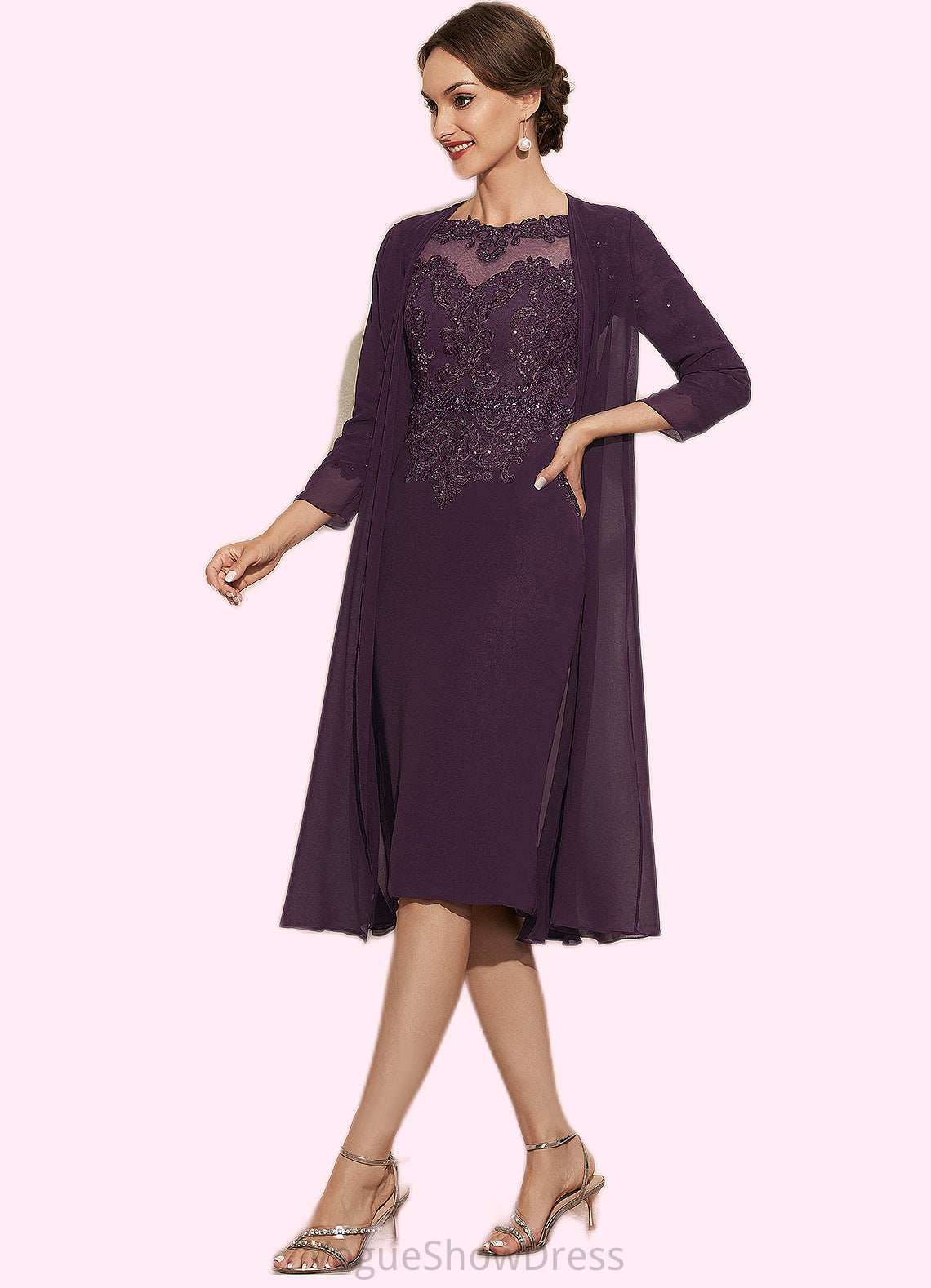 Lia Sheath/Column Scoop Neck Knee-Length Chiffon Lace Mother of the Bride Dress With Beading DL126P0014794